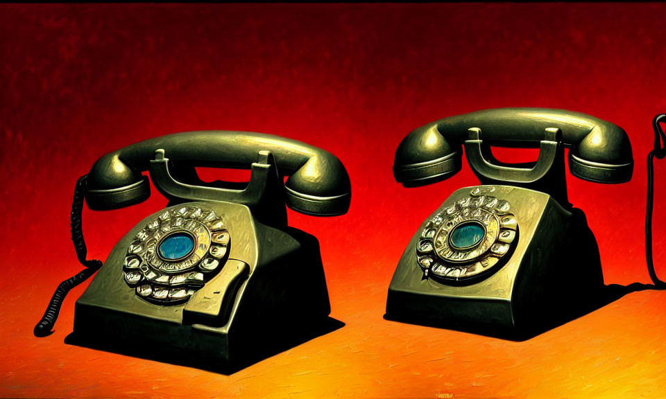 Vintage rotary dial telephones on red background with unique eyeball design