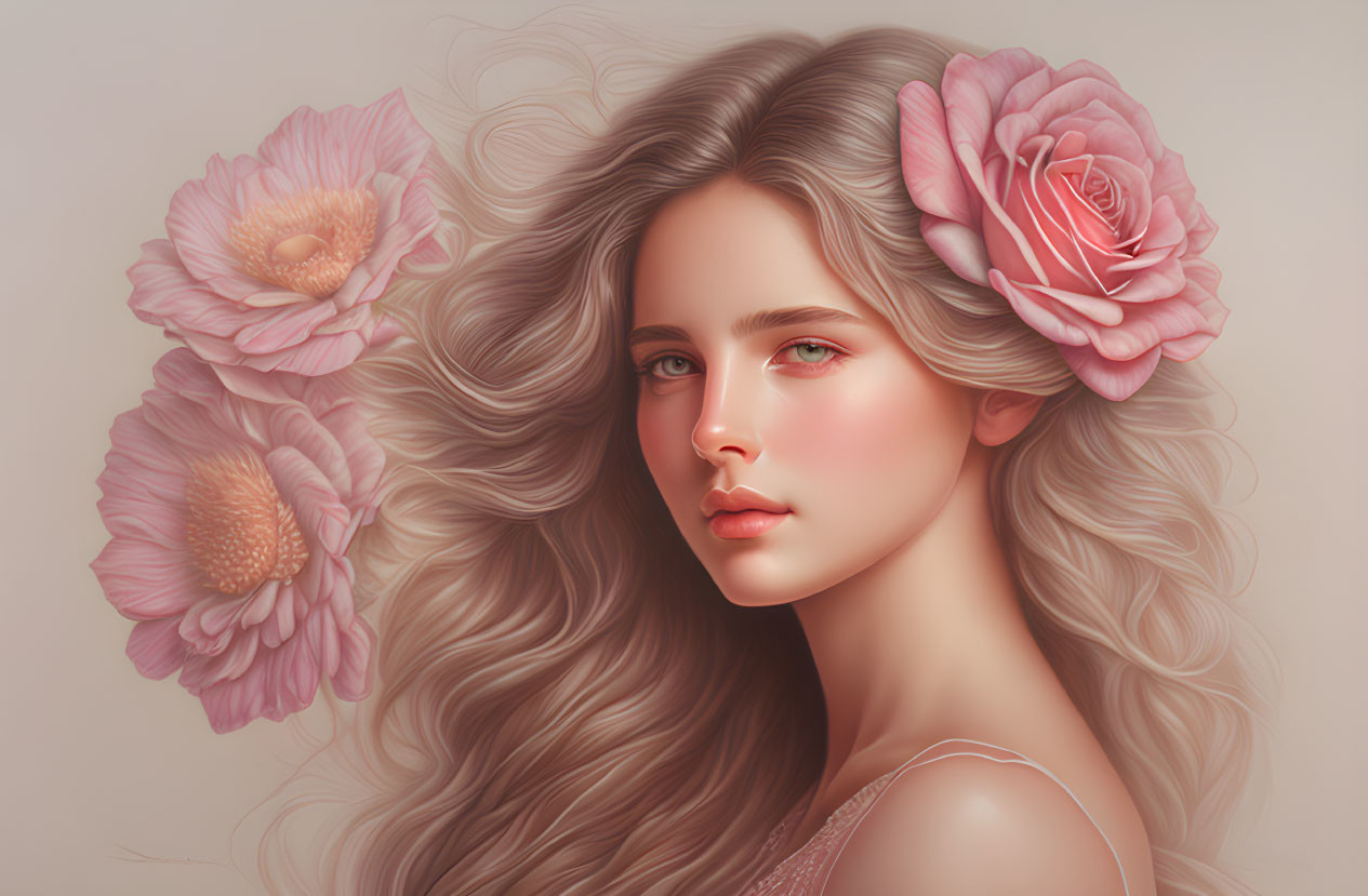 Digital illustration: Woman with pink flower-adorned hair & soft gaze