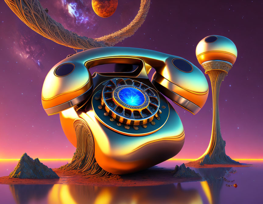 Futuristic surreal scene: vintage golden rotary phone in cosmic landscape