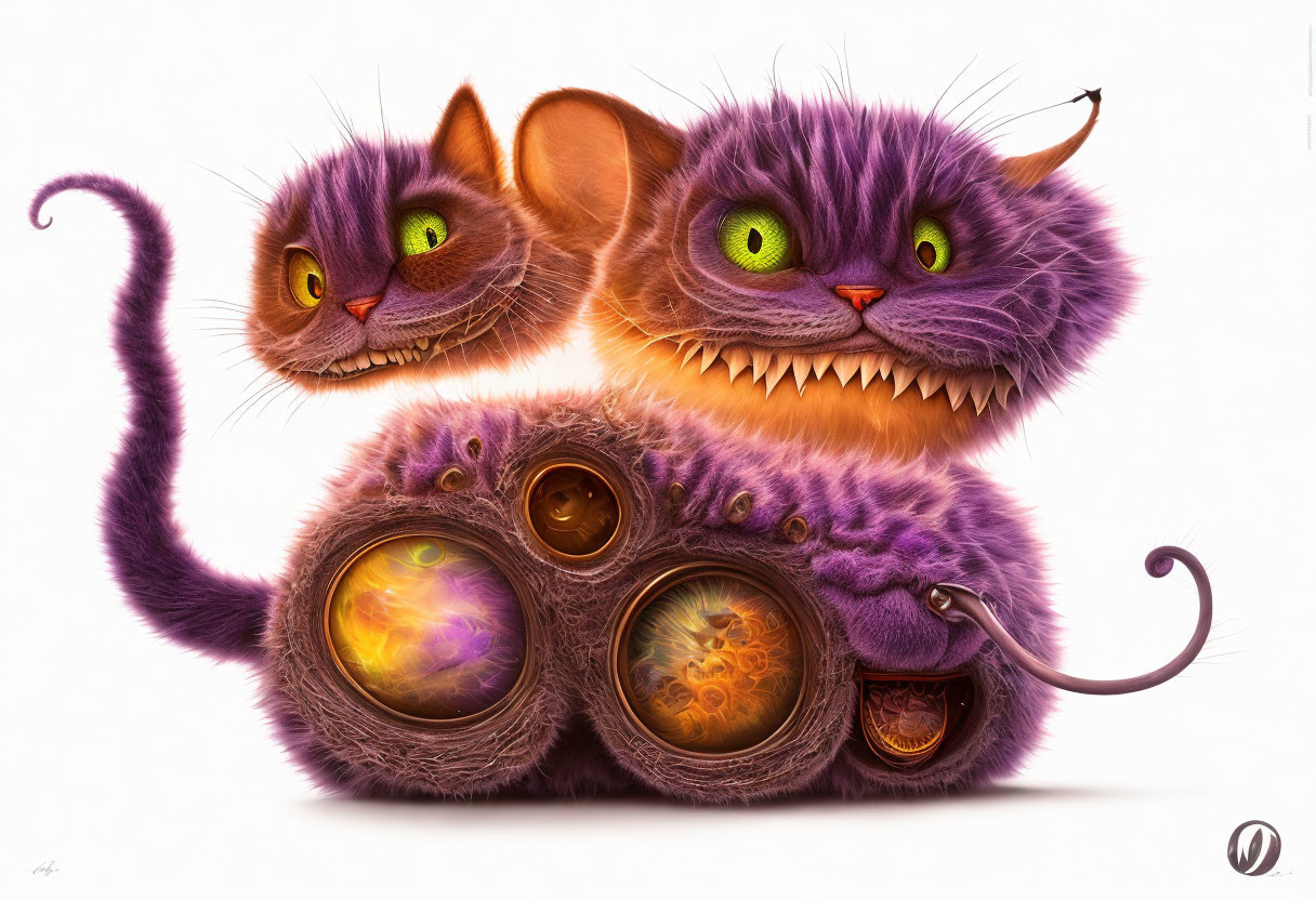 Illustration of a three-headed purple cat with green eyes and steam-punk body.