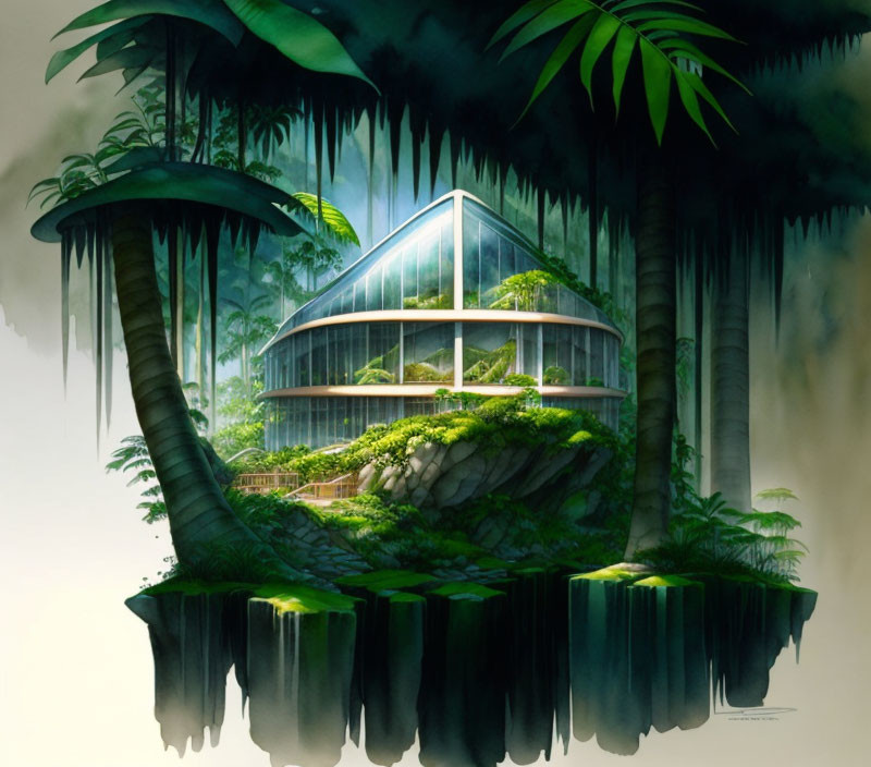 Glass house on floating island with waterfalls and greenery