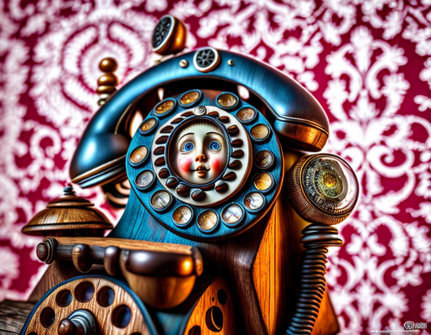 Anthropomorphic vintage telephone digital artwork on red ornate background