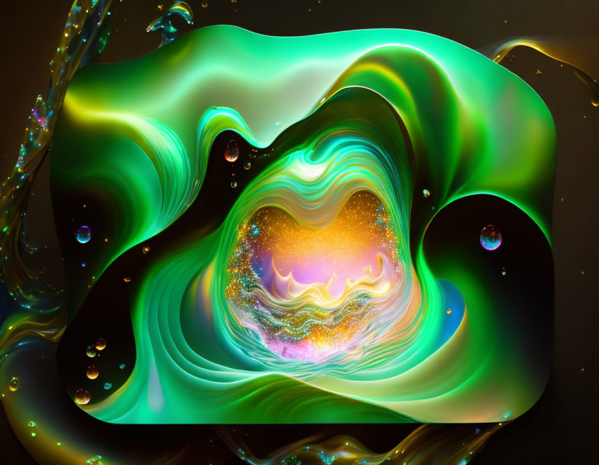 Colorful Abstract Swirl with Iridescent Droplets Forming Heart Shape