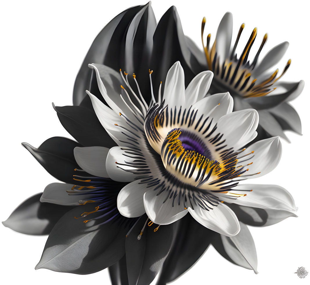 Stylized digital artwork featuring overlapping black and white flowers