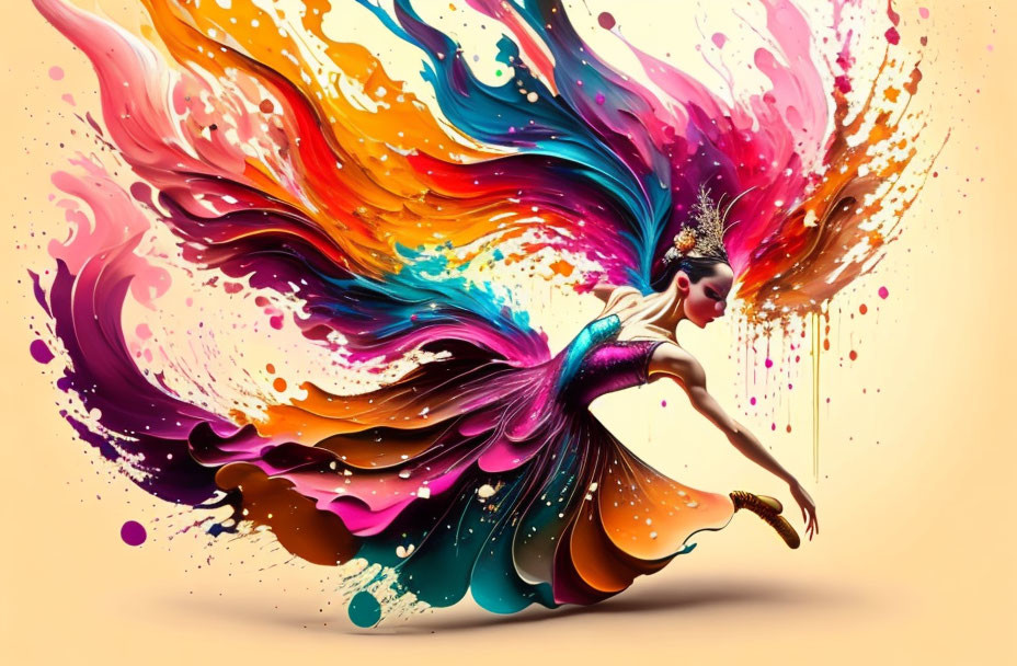 Colorful Digital Art: Dancer in Multicolored Dress Blending with Paint Splashes