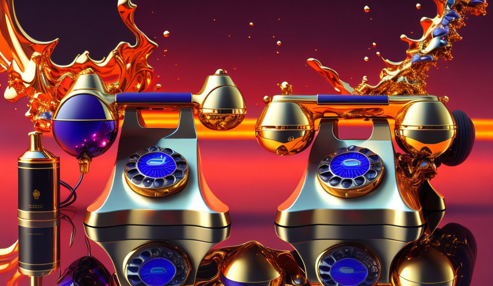 Vintage telephones with vibrant blue rotary dials on golden and blue liquid splash backdrop