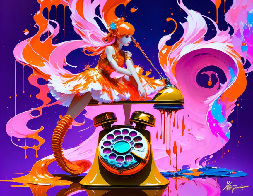 Vibrant artwork of fantastical creature on melting telephone