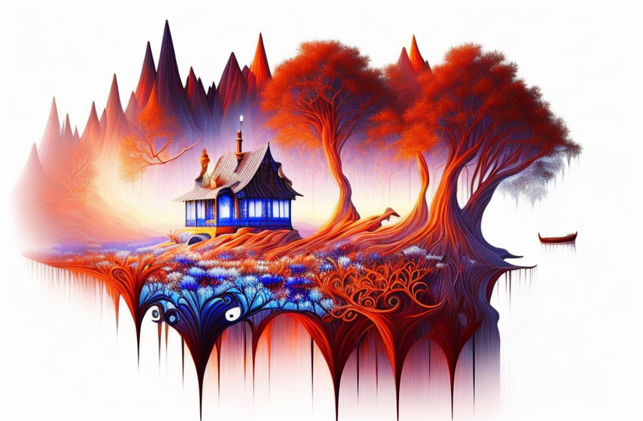 Colorful fantasy landscape with red trees, blue cottage, boat, and mountains