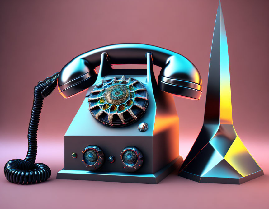 Vintage Futuristic Telephone with Mechanical Dial on Pink Background