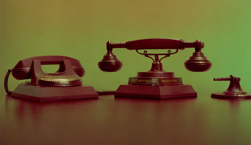 Vintage rotary dial and candlestick phones on green gradient background