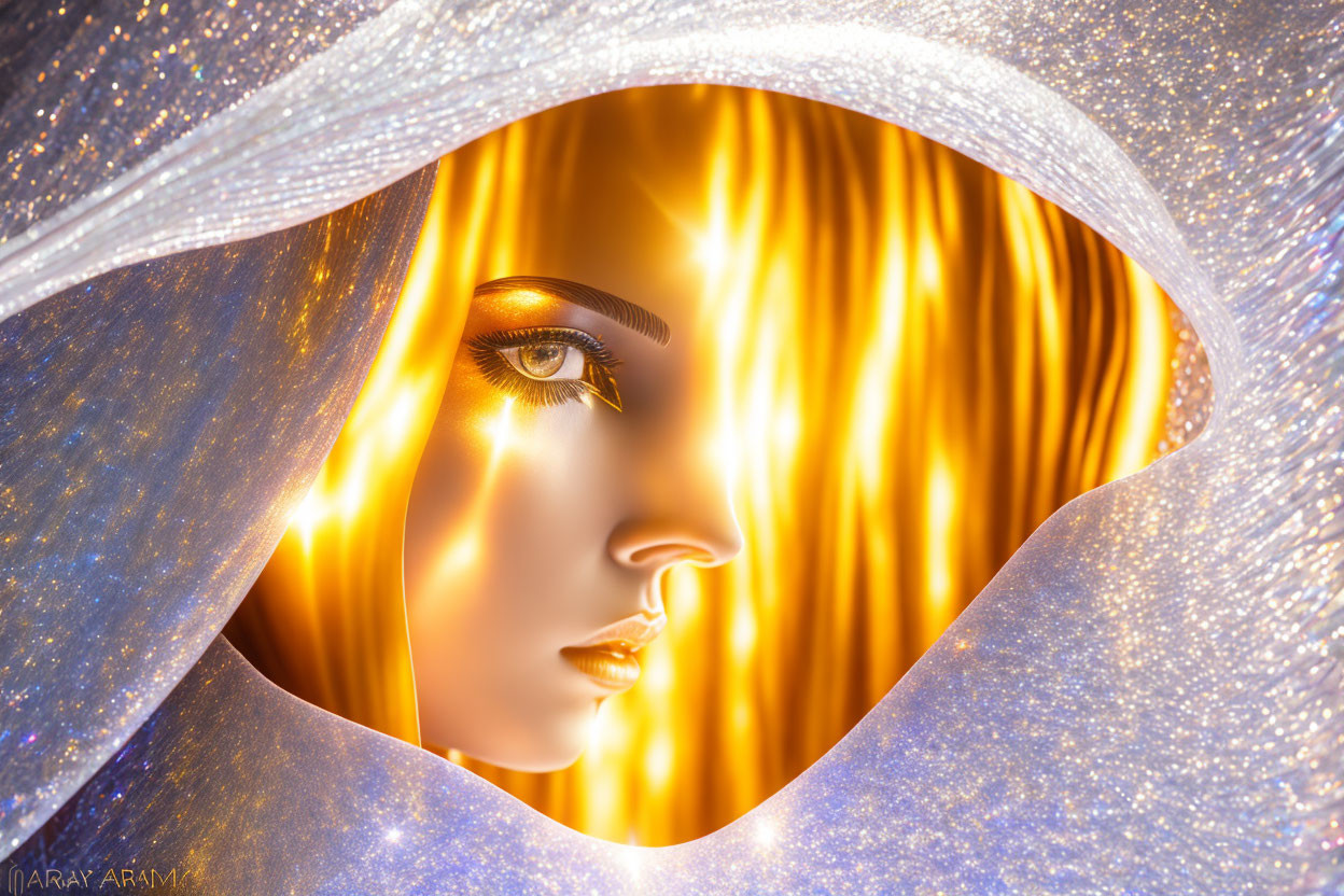 Digital artwork: Woman with golden skin and glowing eyes under a shimmering blue celestial cloak.