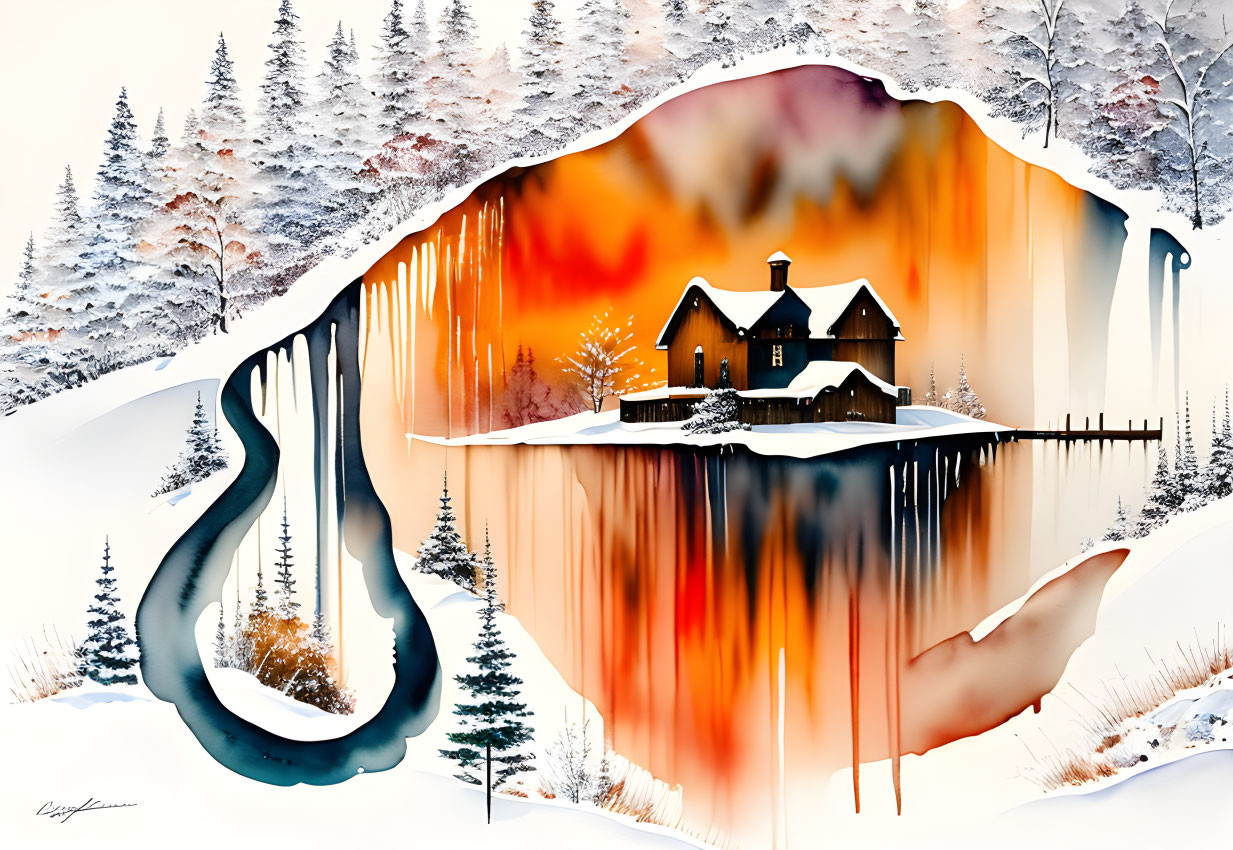 Surreal winter scene painting: house on plateau, reflection in water, autumn trees, snowy backdrop