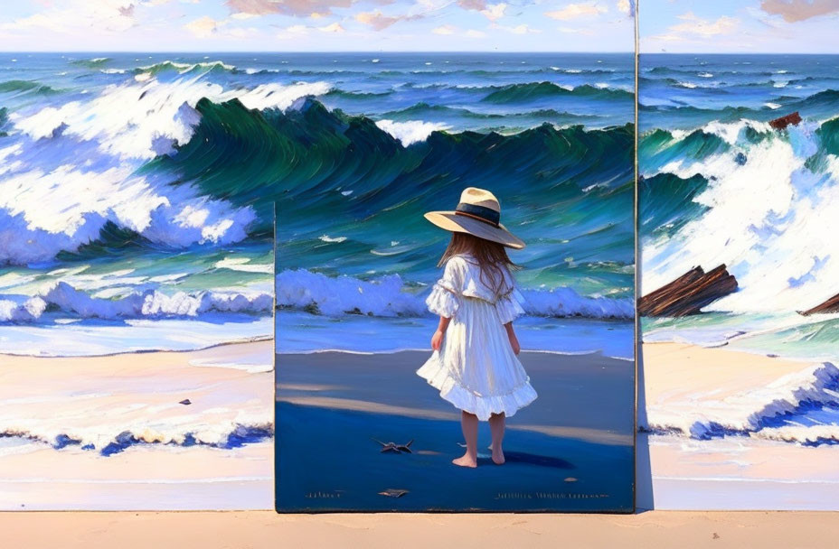 Young girl in white dress and straw hat on beach with ocean waves, blending canvas.