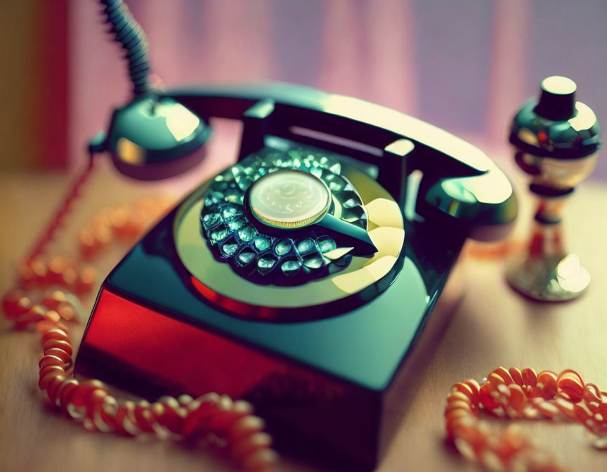 Colorful Vintage Rotary Telephone on Wooden Surface