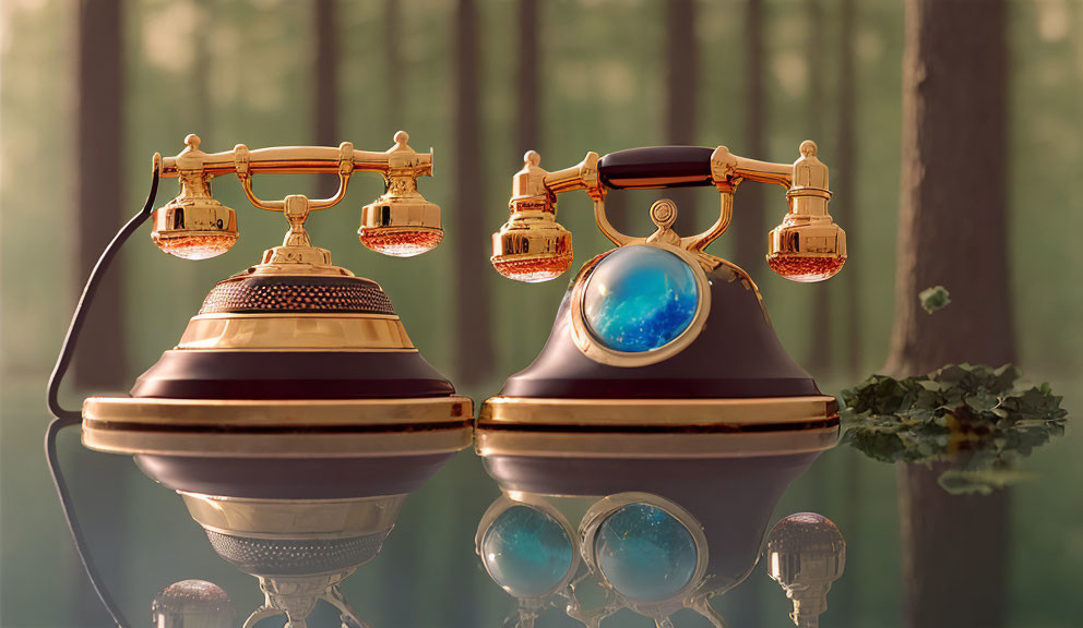 Vintage telephones with blue orb in forest setting