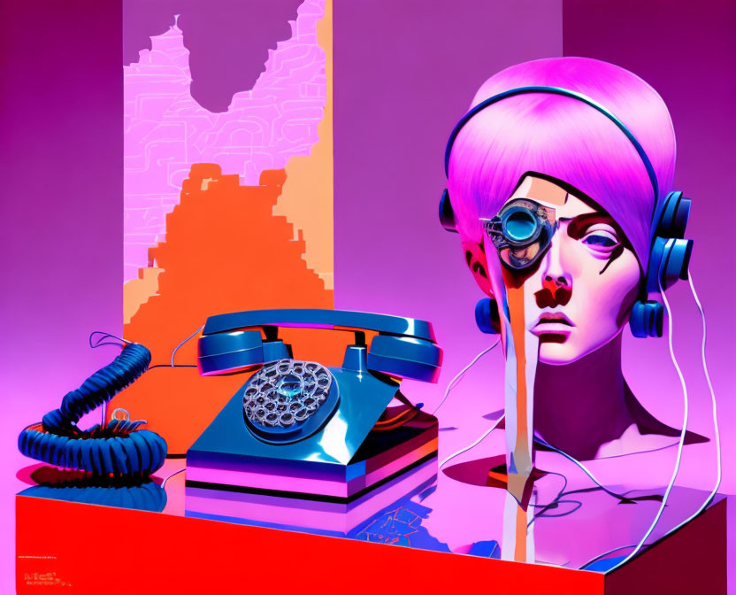 Pink-haired female figure with headphones, goggles, vintage phone, books, and abstract shapes on vibrant background