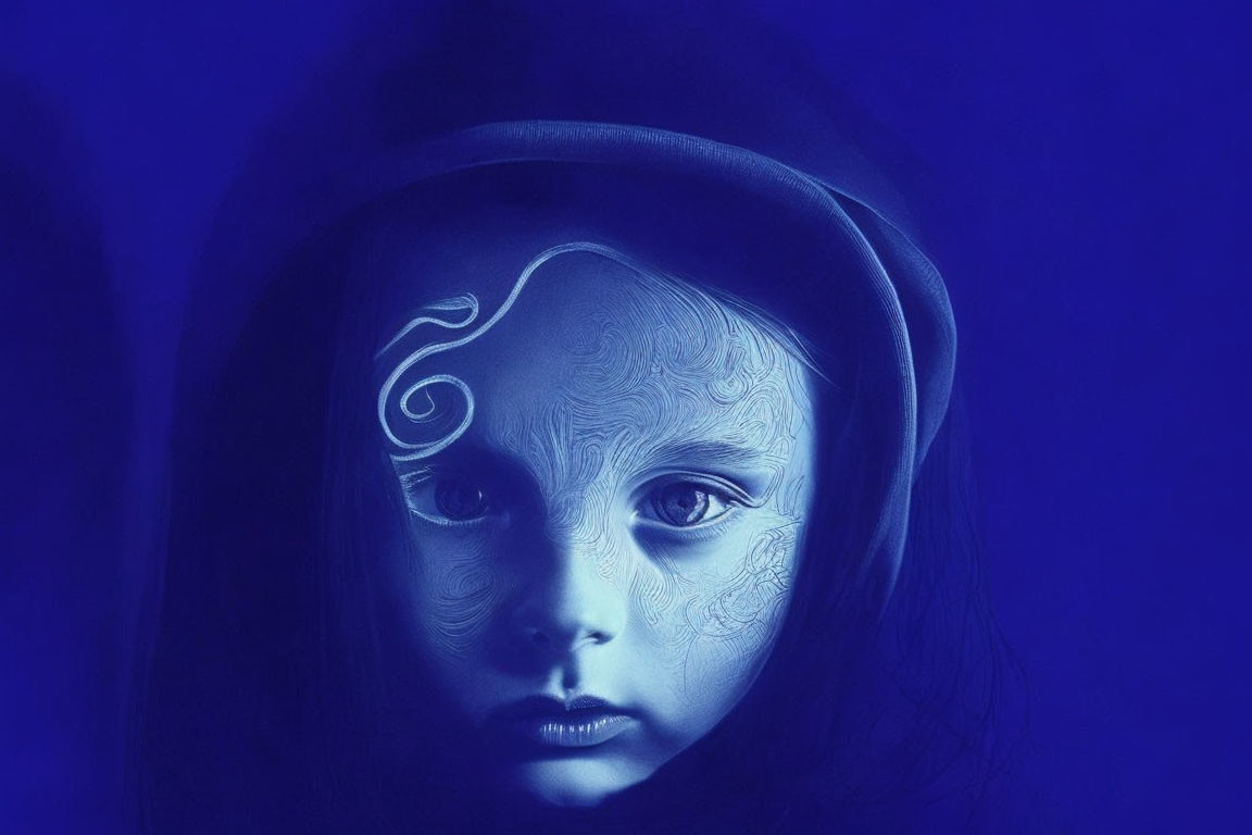 Child with intricate white patterns on face in shadow against deep blue background wearing hood.