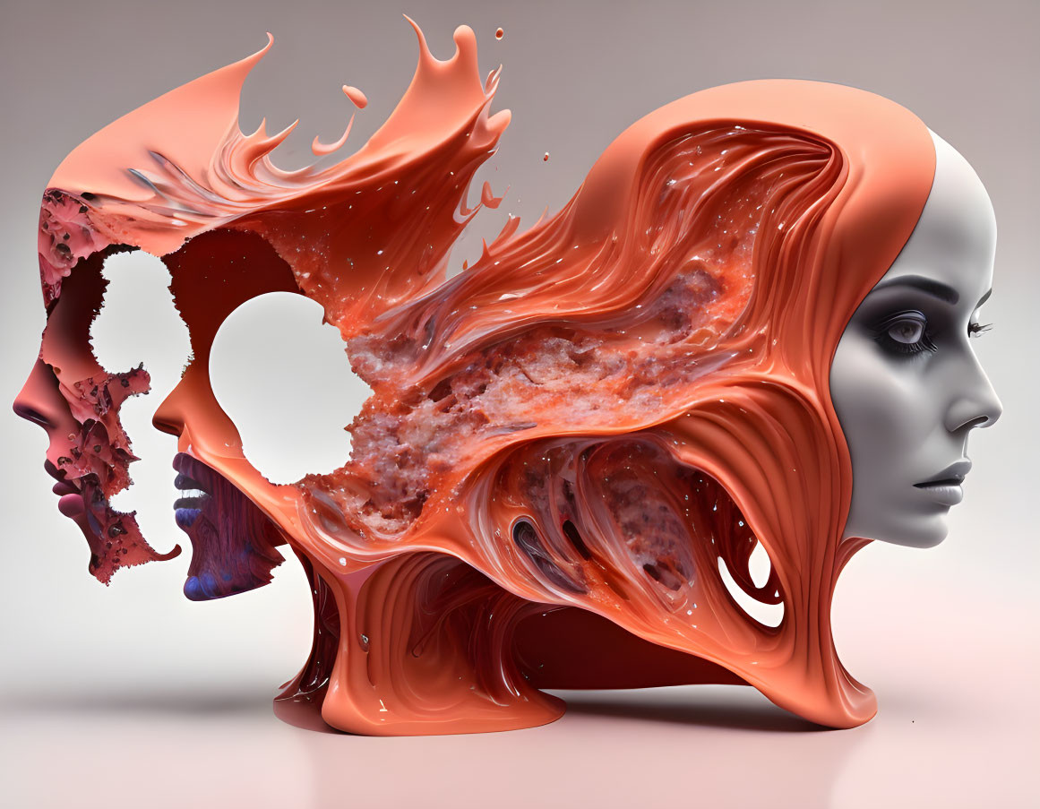 Abstract art: Two faces in profile merged with flowing orange shapes