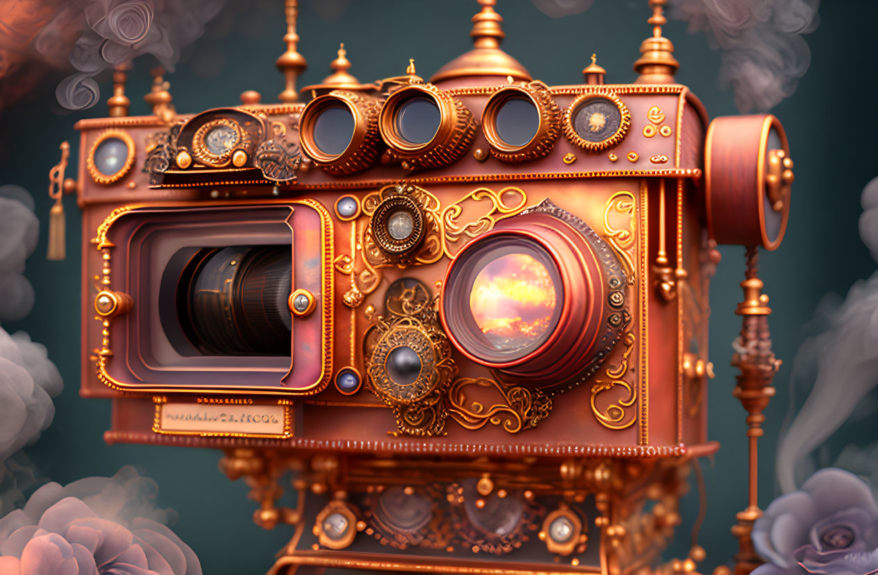 Vintage Camera with Copper Detailing on Pink and Gray Background