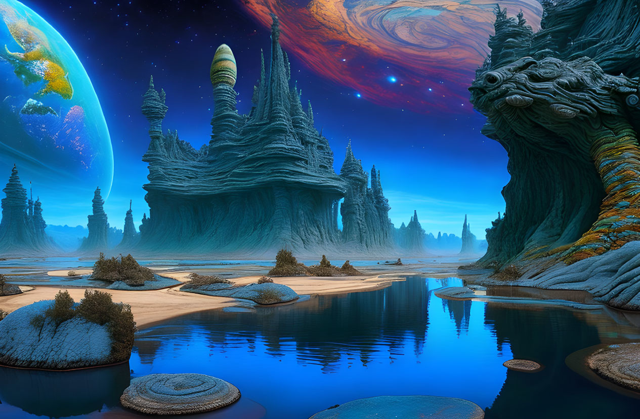 Alien landscape with towering rock formations and giant planet in starry sky