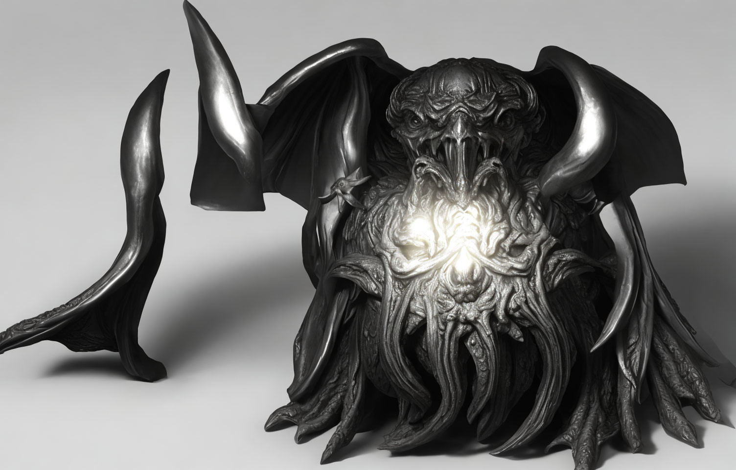 Dark metallic creature with large wings and intricate textures and mysterious glow.