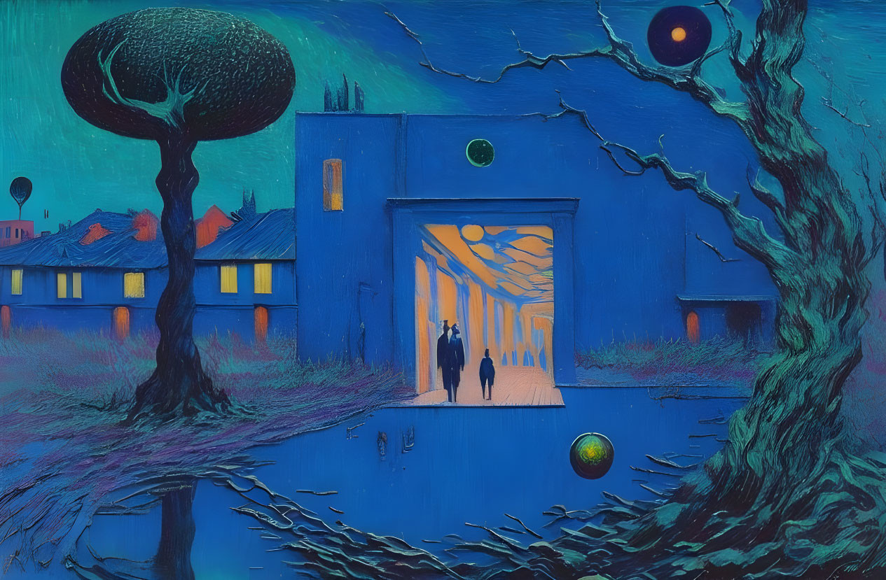 Surrealist painting of vibrant blue house with couple, tree, and floating spheres