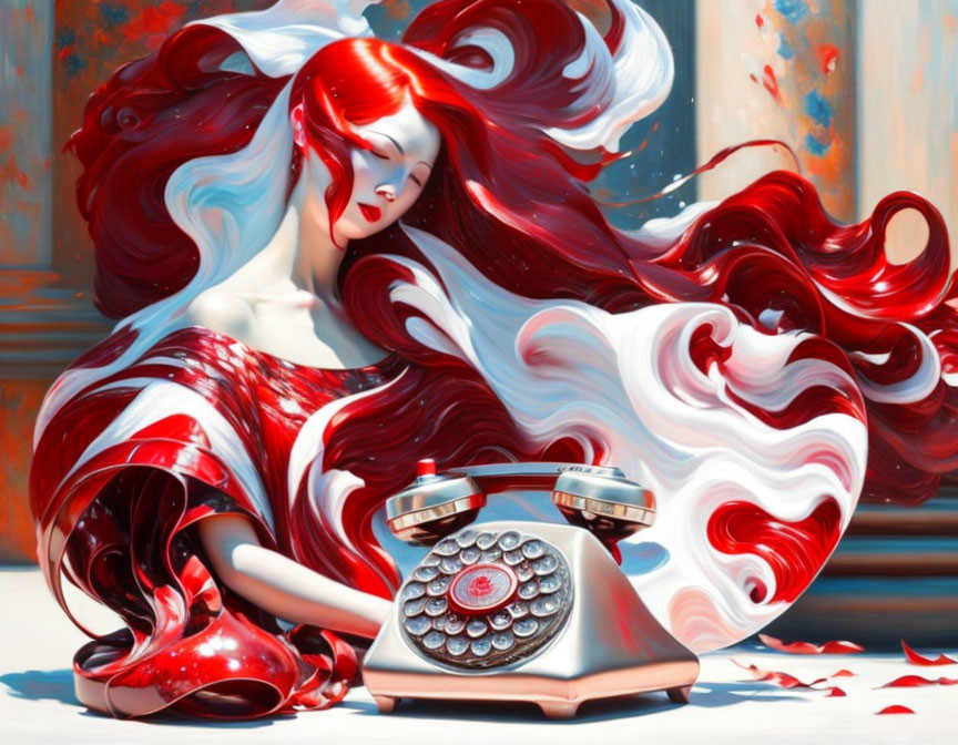 Vibrant woman with red and white hair by rotary phone in colorful setting