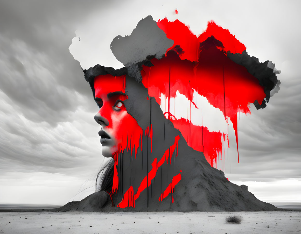 Woman's profile silhouette with mountain and red paint drips on cloudy sky