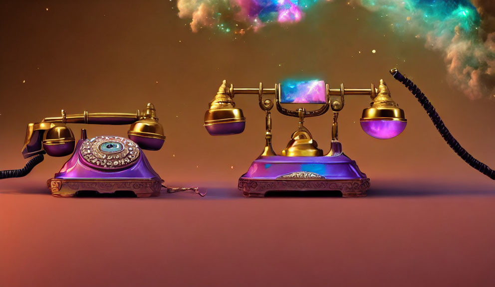 Vintage Telephones with Golden Bells on Cosmic Nebula Background