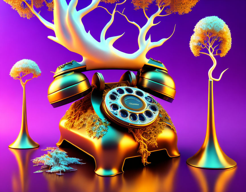 Surreal purple and gold classic telephone with organic shapes on gradient background