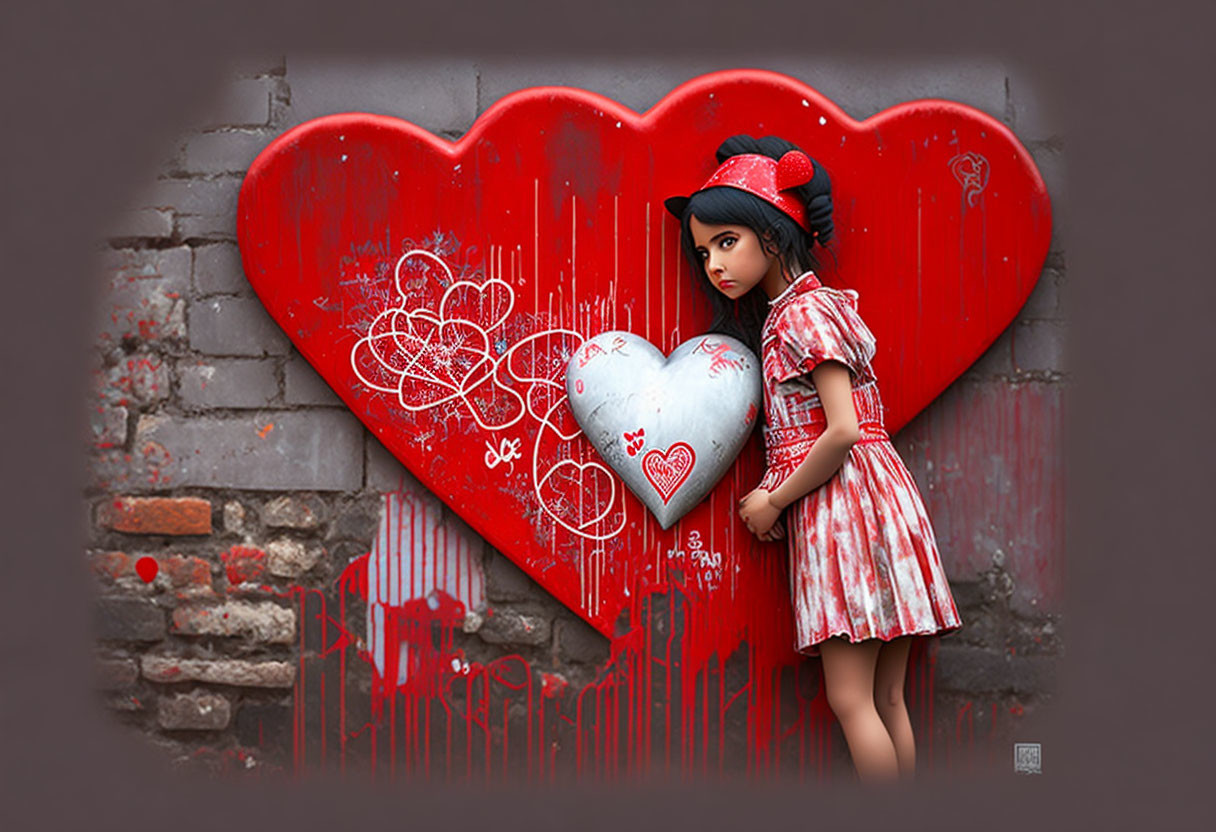 Stylized image of girl in red and white dress holding heart in front of painted wall