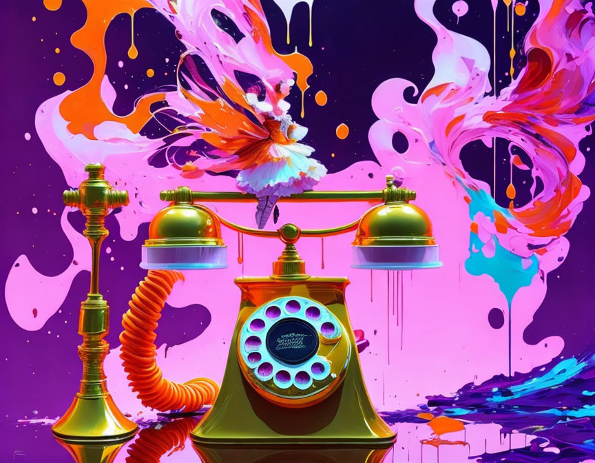 Colorful Artwork: Vintage Telephone with Dynamic Paint Splashes