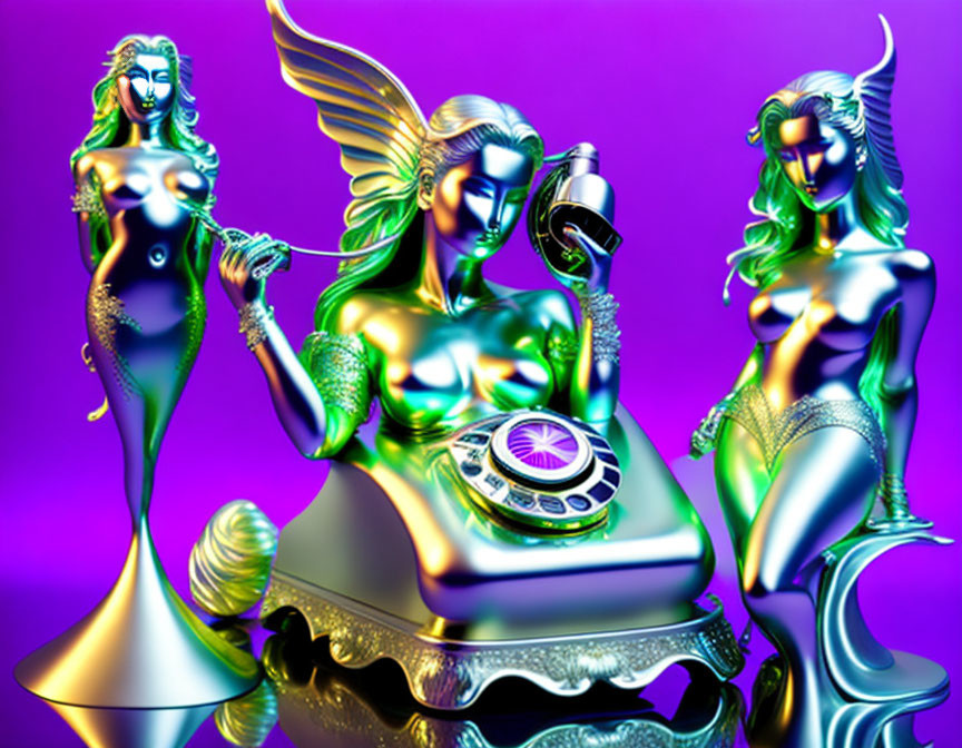 Three metallic female figures posing with vintage telephone and microphone on purple background.