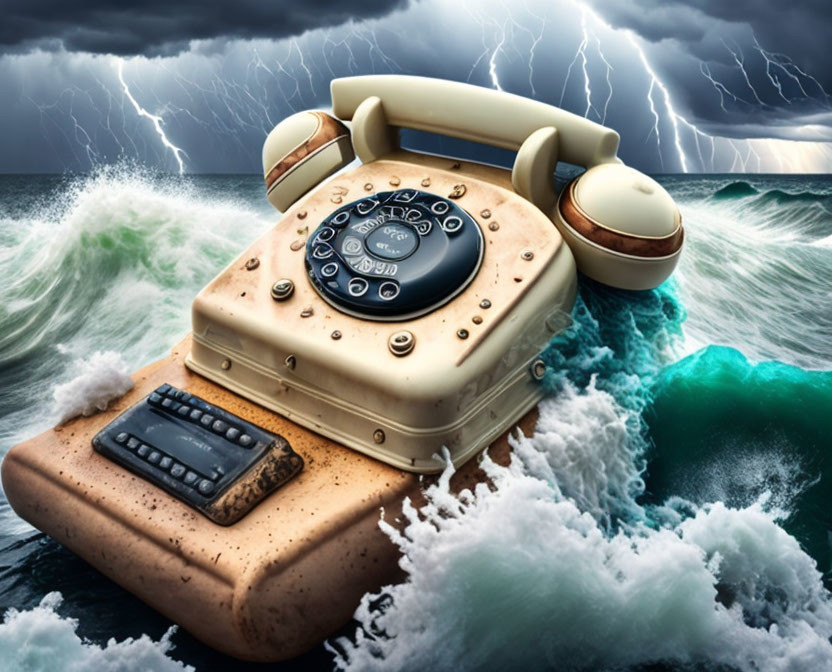 Vintage Rotary Telephone Floating on Stormy Ocean Waves Amid Lightning