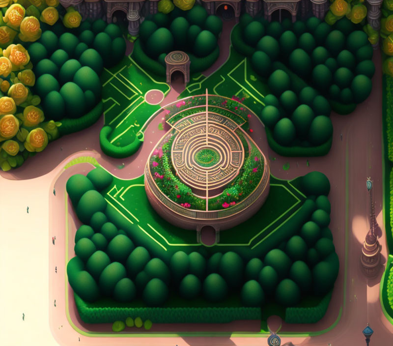 Colorful Circular Garden Maze Surrounded by Lush Greenery