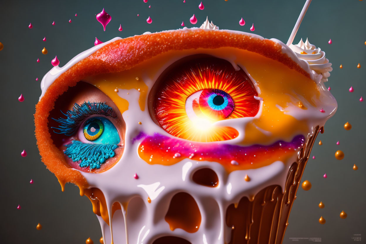 Skull with colorful eyes and melting ice cream cone features