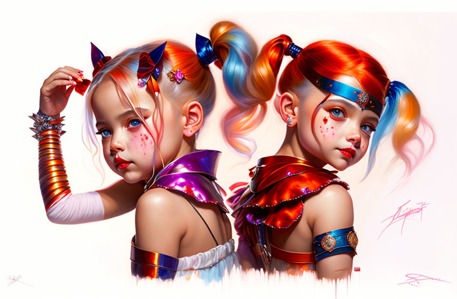 Stylized, colorful hair girls in futuristic warrior outfits