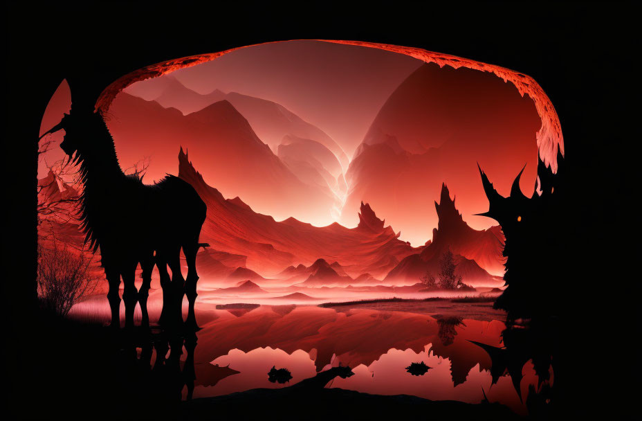 Elephant Silhouette in Fiery Red Sky with Dramatic Cliffs