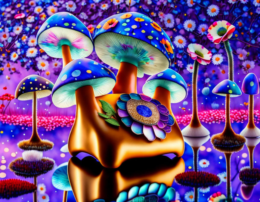 Vibrant psychedelic skull with mushrooms and flowers on colorful background