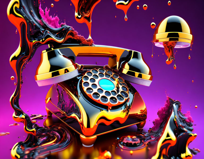 Colorful 3D illustration of retro rotary phone with black and gold details in dynamic liquid scene