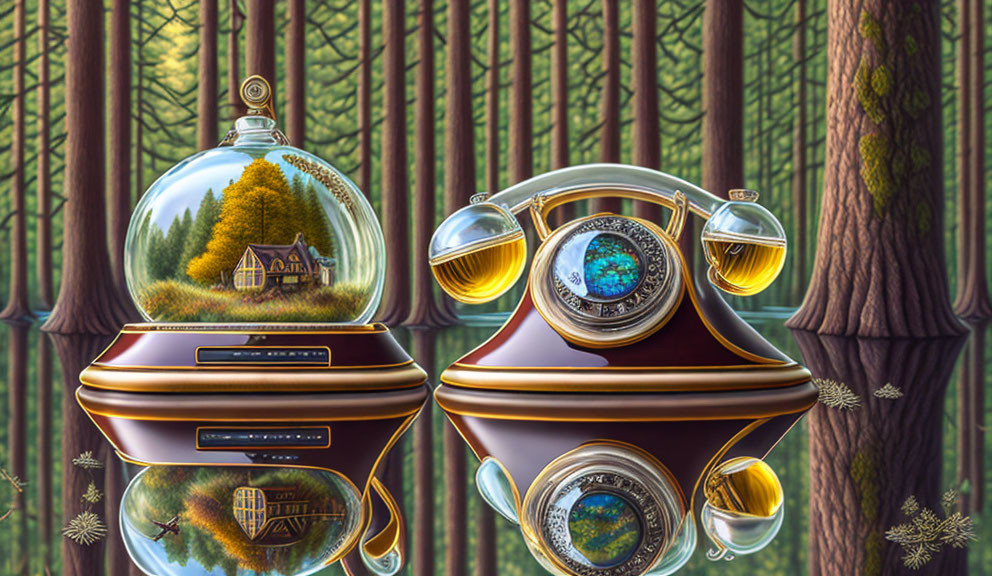 Surreal artwork: futuristic device with fluid-filled bulbs in forest backdrop.