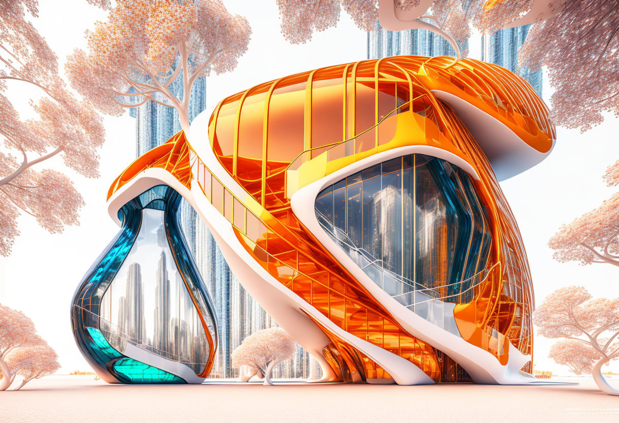 Orange Metallic Futuristic Building in Park Setting