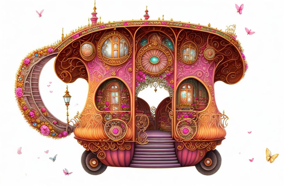 Snail-shaped house with pink and gold details, round windows, and butterflies on white background