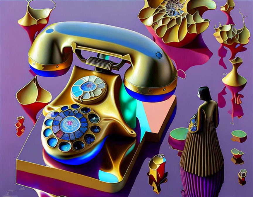 Colorful surreal artwork: rotary phone, abstract shapes, small figure, purple background