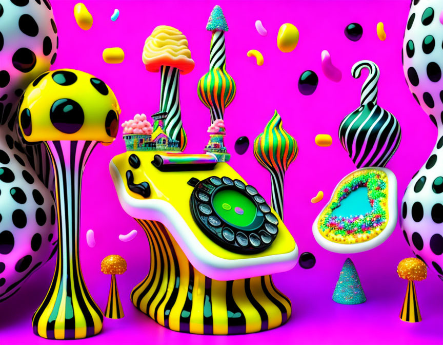 Colorful 3D psychedelic art with whimsical objects on pink backdrop