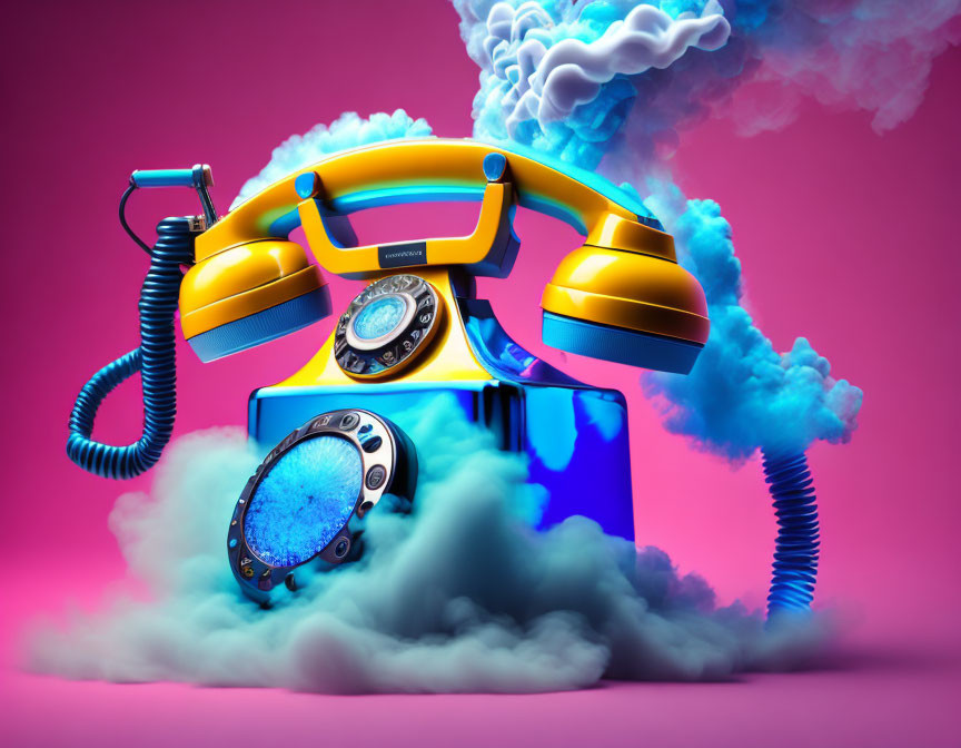 Surreal yellow retro telephone with blue smoke on pink background