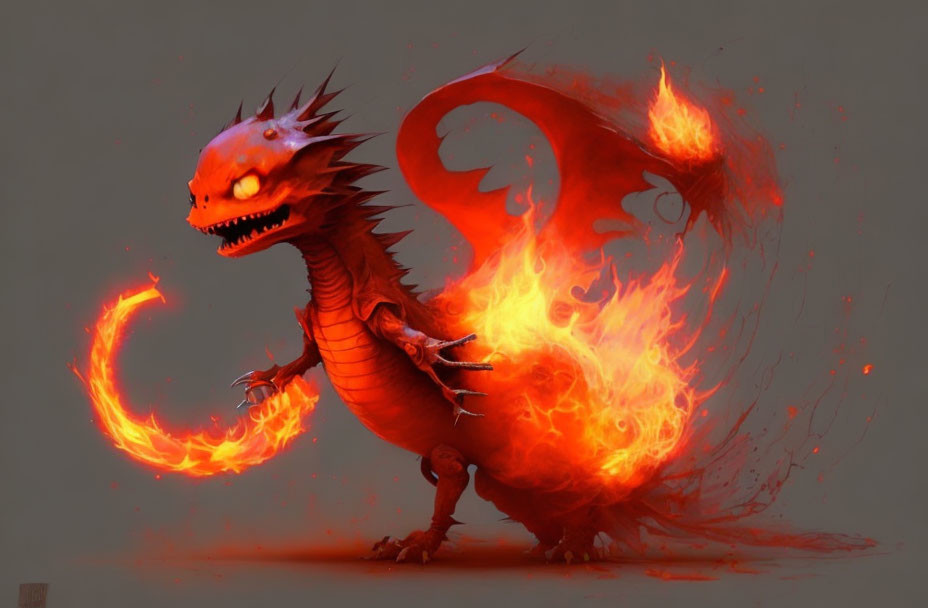 Red Dragon with Flames for Wings and Blazing Tail on Neutral Background