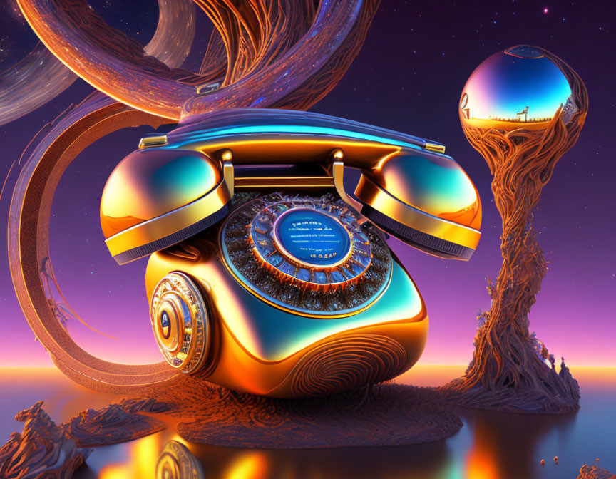 Surreal vintage rotary phone against twilight sky with swirling patterns