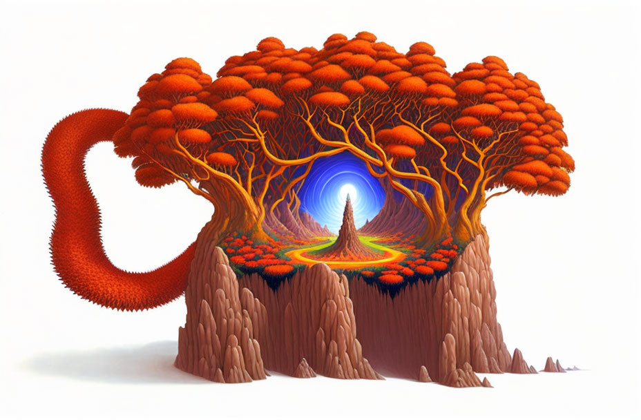 Vibrant surreal illustration: glowing portal in tree-like structure