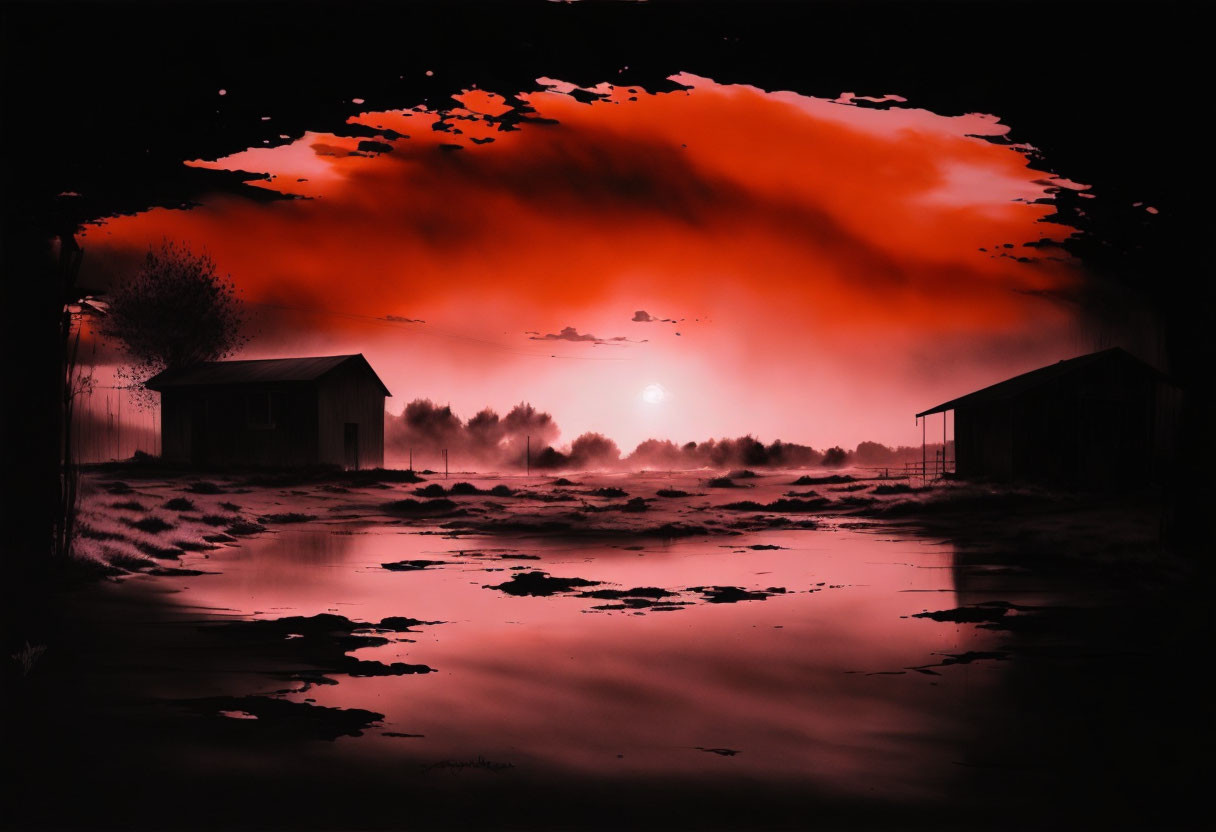 Surreal dark landscape with buildings, red sky, water reflections